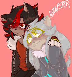 Size: 500x529 | Tagged: safe, artist:hedgester, shadow the hedgehog, silver the hedgehog, human, arm around shoulders, blushing, cute, duo, eye clipping through hair, eyebrow clipping through hair, freckles, frown, gay, humanized, looking at them, looking offscreen, pink background, shadow x silver, shipping, signature, simple background, sitting, smile, wagging tail