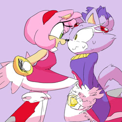Size: 1280x1280 | Tagged: safe, artist:spinballing, amy rose, blaze the cat, cat, hedgehog, 2017, amy x blaze, amy's halterneck dress, blaze's tailcoat, cute, female, females only, lesbian, looking at each other, mouth open, shipping