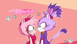 Size: 1280x731 | Tagged: safe, artist:manachaotix, amy rose, blaze the cat, cat, hedgehog, 2017, amy x blaze, amy's halterneck dress, blaze's tailcoat, chaos emerald, cute, english text, female, females only, heart, lesbian, looking at each other, shipping, smile, star (symbol)