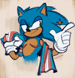 Size: 1248x1300 | Tagged: safe, artist:pand1on, sonic the hedgehog, 2024, lidded eyes, looking offscreen, pointing, pride, pride flag, scarf, signature, smile, solo, star (symbol), top surgery scars, trans male, trans pride, trans visibility day, transgender