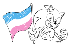 Size: 2048x1321 | Tagged: safe, artist:starrjoy, sonic the hedgehog, 2024, clenched fists, flag, holding something, line art, looking at viewer, pride, pride flag, signature, simple background, smile, solo, trans male, trans pride, trans visibility day, transgender, white background