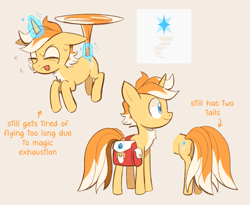 Size: 1355x1110 | Tagged: safe, artist:galaxylover06, miles "tails" prower, alternate universe, au:friendship got faster, bag, english text, flying, magic, my little pony, ponified, pony, simple background, solo, species swap, spinning tails, unicorn