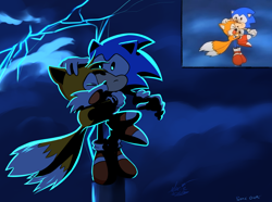 Size: 2048x1525 | Tagged: safe, artist:suzienightsky, miles "tails" prower, sonic the hedgehog, sonic the ova, astraphobia, duo, frown, gradient background, holding them, lightning, outdoors, redraw, reference inset, scared, signature, standing