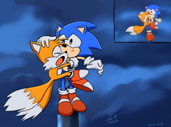 Size: 2048x1525 | Tagged: safe, artist:suzienightsky, miles "tails" prower, sonic the hedgehog, sonic the ova, alternate version, astraphobia, duo, frown, gradient background, holding them, lightning, outdoors, redraw, reference inset, scared, signature, standing