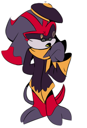 Size: 548x806 | Tagged: safe, artist:eclipsethedarklingiscanon, eclipse the darkling, the murder of sonic the hedgehog, black sclera, glasses, hand behind back, hat, looking offscreen, mouth open, scarf, solo, standing, style emulation, tmosth style