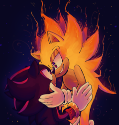 Size: 1477x1544 | Tagged: safe, artist:project-sonadow, shadow the hedgehog, sonic the hedgehog, super sonic, 2024, clenched teeth, duo, flying, gay, hands on another's face, lidded eyes, looking at each other, shadow x sonic, shipping, smile, star (sky), super form, top surgery scars, trans male, transgender