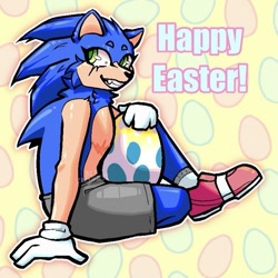 Size: 751x751 | Tagged: safe, artist:mentally-deranged-bit, sonic the hedgehog, abstract background, chao egg, clothes, easter, english text, eyelashes, looking offscreen, outline, shorts, sitting, smile, soap shoes, solo, top surgery scars, trans male, transgender