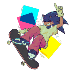 Size: 2000x2000 | Tagged: safe, artist:tannookii, sonic the hedgehog, 2024, blushing, clothes, heart, pants, pointing, semi-transparent background, shirt, signature, skateboard, smile, solo, trainers