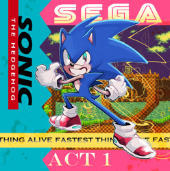 Size: 2048x2063 | Tagged: safe, artist:rahafwabas, sonic the hedgehog, green hill zone, 2024, abstract background, character name, english text, looking at viewer, sega logo, smile, solo, thumbs up, top surgery scars, trans male, transgender