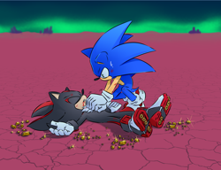 Size: 1406x1081 | Tagged: safe, artist:vei-6-vesuvius, shadow the hedgehog, sonic the hedgehog, sonic prime, 2024, abstract background, bleeding, blood, cpr, duo, injured, rock, scratch (injury), sonic prime s3, sweatdrop, wound