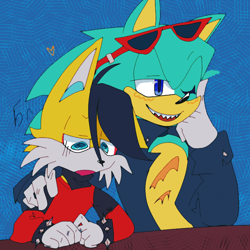 Size: 2048x2048 | Tagged: safe, artist:kptya, miles (anti-mobius), scourge the hedgehog, abstract background, arm fluff, blushing, duo, gay, lidded eyes, looking down, looking offscreen, mouth open, scouriles, shipping, signature, sitting, smile, table, wink