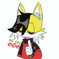 Size: 2048x2048 | Tagged: safe, artist:kptya, miles (anti-mobius), dialogue, english text, eyes closed, mouth open, pointing, simple background, solo, standing, talking, white background