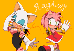Size: 1200x835 | Tagged: safe, artist:blueblurapple, amy rose, rouge the bat, blushing, cute, duo, heart, lesbian, mouth open, rougamy, ship name, shipping, simple background, smile, string, yellow background