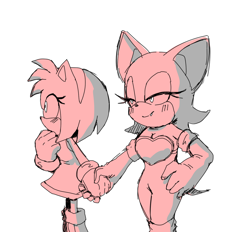 Size: 1280x1187 | Tagged: safe, artist:blueblurapple, amy rose, rouge the bat, duo, hand on hip, holding hands, lesbian, looking offscreen, monochrome, one fang, rougamy, shipping, simple background, smile, standing, white background
