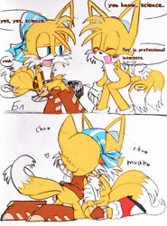 Size: 946x1280 | Tagged: safe, artist:kptya, miles "tails" prower, sails, blushing, chu, comic, cute, dialogue, duo, english text, gay, heart, kiss, kneeling, mwah, sails x tails, sailsabetes, self paradox, selfcest, sfx, shipping, simple background, sitting, tailabetes, tails x tails, tailscest, talking, white background