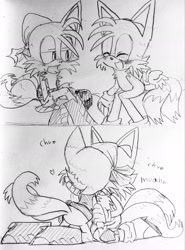 Size: 1515x2048 | Tagged: safe, artist:kptya, miles "tails" prower, sails, alternate version, blushing, chu, comic, cute, duo, gay, heart, kiss, kneeling, mwah, sails x tails, sailsabetes, self paradox, selfcest, sfx, shipping, simple background, sitting, sketch, tailabetes, tails x tails, tailscest, talking, traditional media, white background