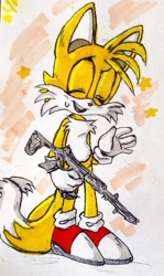 Size: 765x1280 | Tagged: safe, artist:kptya, miles "tails" prower, eyes closed, gun, holding something, mouth open, smile, solo, sweatdrop, traditional media