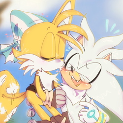 Size: 2048x2048 | Tagged: safe, artist:kptya, miles "tails" prower, sails, silver the hedgehog, abstract background, blushing, cute, duo, eyes closed, flying, gay, holding them, kiss on cheek, shipping, silvabetes, silvails, silver x sails, spinning tails, tailabetes
