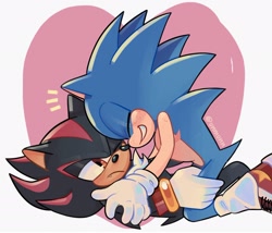 Size: 2048x1749 | Tagged: safe, artist:unmonn, shadow the hedgehog, sonic the hedgehog, blushing, cute, duo, eyes closed, frown, gay, heart, hugging, lying down, one eye closed, shadow x sonic, shipping, sitting on them, smile, top surgery scars, trans male, transgender