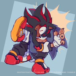 Size: 1280x1280 | Tagged: safe, artist:caspianthepupper, shadow the hedgehog, sonic the hedgehog, abstract background, claws, duo, fingerless gloves, gay, holding them, looking at viewer, looking back, looking back at viewer, redraw, shadow x sonic, shipping
