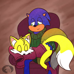Size: 1024x1024 | Tagged: safe, artist:trevor-fox, miles "tails" prower, sonic the hedgehog, butt rub, couch, gay, shipping, sonic x tails, sweater