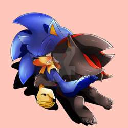 Size: 900x900 | Tagged: safe, artist:baitong9194, shadow the hedgehog, sonic the hedgehog, 2014, barefoot, blushing, deviantart watermark, duo, gay, gloves off, holding them, lidded eyes, looking at each other, obtrusive watermark, pink background, shadow x sonic, shipping, shoes off, signature, simple background, socks off, watermark