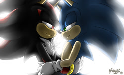 Size: 1024x618 | Tagged: safe, artist:blueneedle-inu, shadow the hedgehog, sonic the hedgehog, 2013, duo, gay, holding each other, lidded eyes, looking at each other, shadow x sonic, shipping, signature, simple background, smile, standing, white background