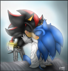 Size: 924x968 | Tagged: safe, artist:blueneedle-inu, shadow the hedgehog, sonic the hedgehog, 2012, bed, blushing, border, clothes, duo, eyes closed, gay, gloves off, gradient background, kiss, pants, shadow x sonic, shipping, shirt, signature, sitting, standing