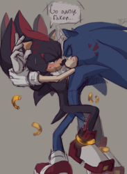 Size: 1053x1436 | Tagged: safe, artist:pirog-art, shadow the hedgehog, sonic the hedgehog, 2020, blushing, broken ring, dialogue, duo, english text, faker, gay, heart, holding them, ring, shadow x sonic, shipping, signature, standing, sweatdrop