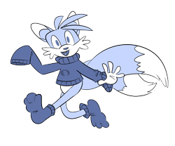 Size: 1280x1067 | Tagged: safe, artist:trevor-fox, miles "tails" prower, 2017, clothes, flat colors, heart tongue, looking at viewer, monochrome, mouth open, oversized, running, simple background, smile, socks, solo, sweater, transparent background
