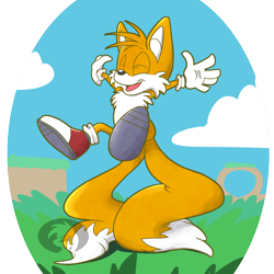 Size: 1280x1280 | Tagged: safe, artist:trevor-fox, miles "tails" prower, 2015, clouds, eyes closed, grass, happy, loop, mouth open, outdoors, semi-transparent background, smile, solo, tail stand, watermark
