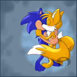 Size: 1280x1280 | Tagged: safe, artist:trevor-fox, miles "tails" prower, sonic the hedgehog, barefoot, blushing, border, duo, eyes closed, gay, gloves off, gradient background, holding each other, kiss, shipping, sonic x tails, watermark