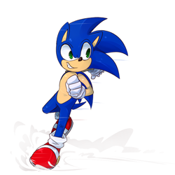 Size: 800x800 | Tagged: safe, artist:rabbitbatthing, sonic the hedgehog, clenched fist, dust clouds, looking offscreen, simple background, skidding, smile, solo, white background