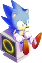 Size: 550x818 | Tagged: safe, artist:ketrindarkdragon, sonic the hedgehog, classic sonic, frown, lineless, looking offscreen, monitor, ring, simple background, sitting, solo, transparent background