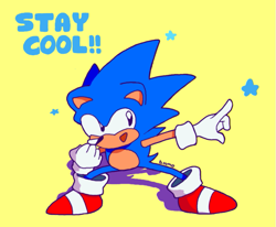 Size: 713x587 | Tagged: safe, artist:bulgariansumo, sonic the hedgehog, classic sonic, english text, mouth open, pointing, signature, simple background, smile, solo, star (symbol), yellow background