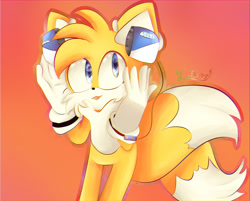 Size: 2891x2324 | Tagged: safe, artist:mizuki247, miles "tails" prower, 2019, alternate version, cute, gradient background, headphones, outline, sega logo, signature, solo, standing, tongue out