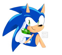Size: 865x772 | Tagged: safe, artist:emiami, sonic the hedgehog, 2020, chaos emerald, holding something, looking at viewer, signature, simple background, smile, solo, transparent background