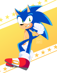Size: 1280x1637 | Tagged: safe, artist:emiami, sonic the hedgehog, 2020, abstract background, clenched fist, looking at viewer, signature, smile, solo, star (symbol)