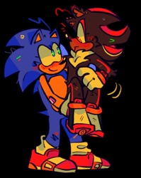 Size: 1180x1486 | Tagged: safe, artist:starfall-isle, shadow the hedgehog, sonic the hedgehog, 2020, black background, blushing, carrying them, duo, eyelashes, frown, gay, looking at each other, shadow x sonic, shipping, simple background, smile, standing
