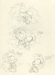 Size: 1280x1744 | Tagged: safe, artist:askamaze, amy rose, blaze the cat, shadow the hedgehog, sonic the hedgehog, cat, hedgehog, 2018, amy x blaze, cute, english text, eyes closed, female, gay, kiss, lesbian, male, shadow x sonic, shipping, sketch, surprised, traditional media