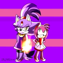 Size: 1000x1000 | Tagged: safe, artist:illustrationlover13, amy rose, blaze the cat, cat, hedgehog, 2024, amy x blaze, cute, female, females only, flame, gymnastic outfit, lesbian, looking at them, looking at viewer, mario & sonic at the olympic games, shipping