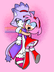 Size: 1620x2160 | Tagged: safe, artist:expiredcheese111, amy rose, blaze the cat, cat, hedgehog, 2023, amy x blaze, amy's halterneck dress, blaze's tailcoat, cute, eyes closed, female, females only, hugging, lesbian, mouth open, shipping