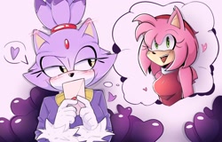 Size: 2000x1280 | Tagged: safe, artist:imavymimi, amy rose, blaze the cat, cat, hedgehog, 2024, amy x blaze, amy's halterneck dress, blaze's tailcoat, cute, dreaming, female, females only, hearts, lesbian, love letter, mouth open, shipping