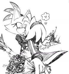 Size: 1579x1691 | Tagged: safe, artist:coldspace, amy rose, blaze the cat, cat, hedgehog, 2024, amy x blaze, amy's halterneck dress, blaze's tailcoat, bouquet, cute, female, females only, flowers, heart, lesbian, line art, looking at each other, shipping, sketch