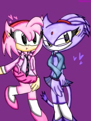 Size: 1536x2048 | Tagged: safe, artist:pearltea_ox, amy rose, blaze the cat, cat, hedgehog, 2024, amy x blaze, female, females only, glasses, hearts, lesbian, looking at them, schoolgirl outfit, shipping