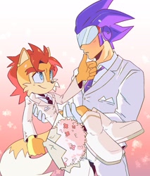 Size: 1746x2048 | Tagged: safe, artist:twistedsuid, elias acorn, prince elias acorn, sonic man, human, 2024, blushing, carrying them, crack shipping, duo, flower, flower bouquet, gay, gradient background, holding something, looking at each other, shipping, smile, sonic man x elias, standing, thumb on chin, wedding, wedding suit
