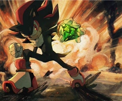 Size: 850x705 | Tagged: source needed, safe, artist:fumomo, shadow the hedgehog, abstract background, chaos emerald, clenched teeth, explosion, holding something, looking at viewer, posing, solo, standing