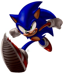 Size: 810x940 | Tagged: safe, artist:ommzii, sonic the hedgehog, 2023, clenched fists, clenched teeth, looking ahead, running, signature, simple background, smile, solo, white background