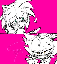 Size: 1253x1414 | Tagged: safe, artist:prismsonic, amy rose, blaze the cat, cat, hedgehog, 2024, amy x blaze, blushing, cute, female, females only, heart, lesbian, line art, looking at each other, shipping, sketch