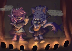 Size: 1999x1419 | Tagged: safe, artist:greatdenimbeast, amy rose, blaze the cat, cat, hedgehog, 2024, alternate universe, amy x blaze, cute, english text, eyes closed, female, females only, guitar, lesbian, mouth open, shipping, singing, stage, stage light